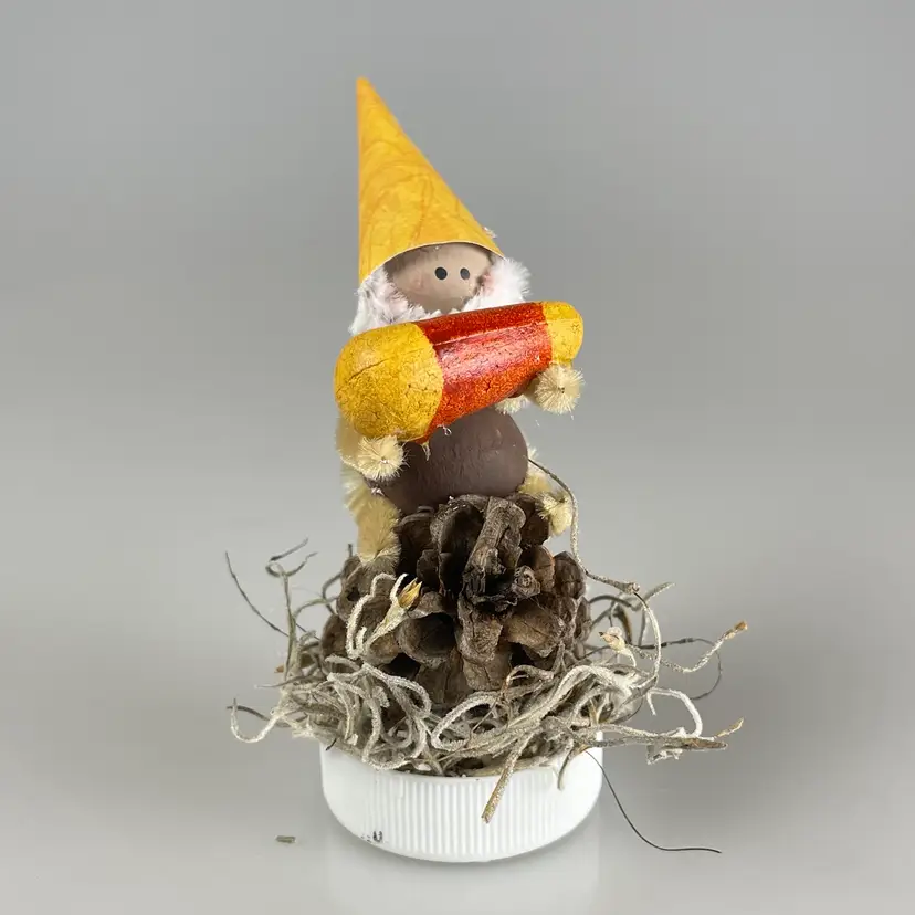 Chenille Sprite Gnome With Candy Corn on Pinecone on Bottle Cap Mini Halloween Fall Decor 4”