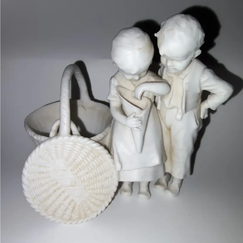 Vion Baury- French Bisque Porcelain Figurine Boy Girl Basket Planter- Antique 19th Century