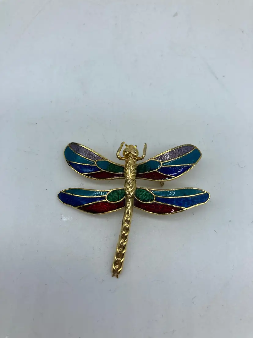 1980s Cloisonné Enamel Dragonfly Brooch: Navy, Green & Gold,