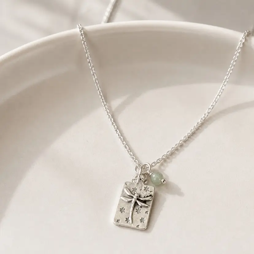 Silver Dragonfly Pendant Necklace With Green Gemstone Bead