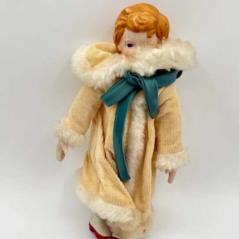 Porcelain Doll Red Painted Hair Fur Coat