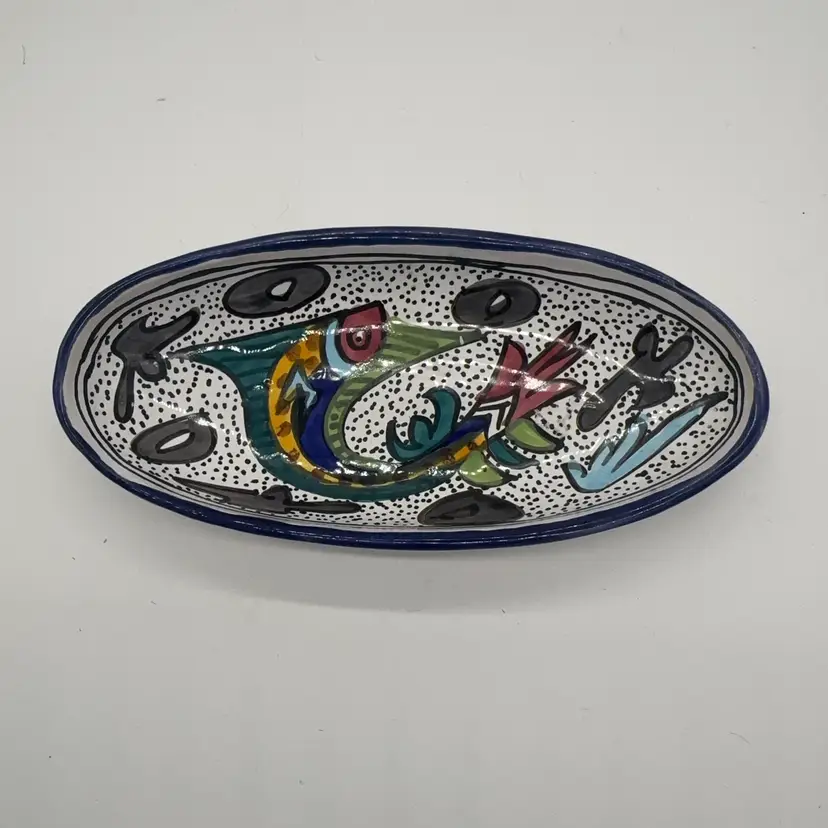 014.  Vintage Le Souk Tunisia hand-painted ceramic  Fish Motif Small Platter 9”L
