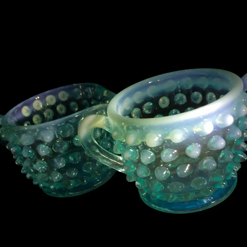 Vintage Fenton Blue Opalescent Glass Hobnail Mini Cream and Sugar Set! 2” Tall! UV Glow! 😎
