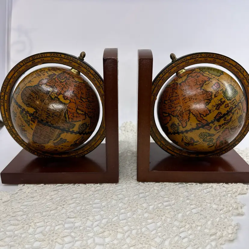 Vintage Italy 60s Old World Globe Book Ends Set Rotating Globes On Wood Base
