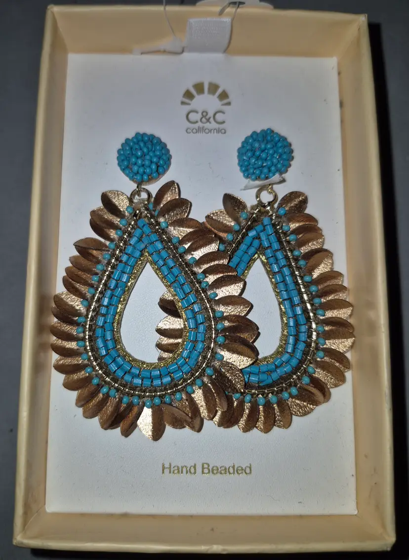 C&C California Hand-Beaded Turquoise & Bronze-Tone Open Teardrop Boho Statement Earrings