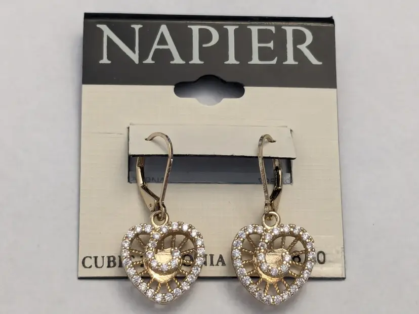 Napier Gold Tone Filigree Heart Pierced Earrings Cubic Zirconia NWT