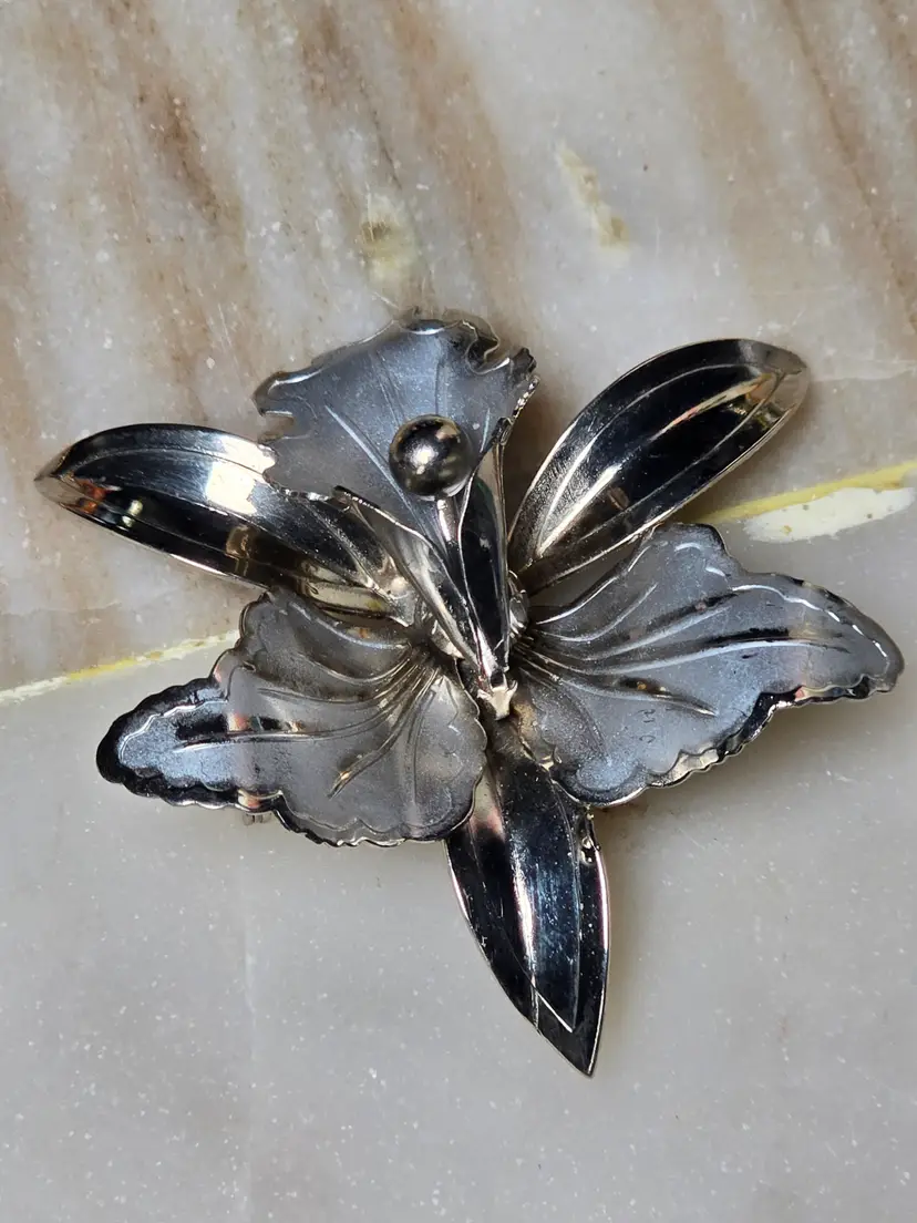 Vintage Silver Tone Orchid Brooch