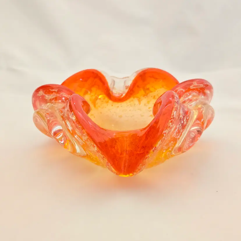 Studio Art Glass Ruffled Bowl Silver Aventurine Orange to Clear Unbranded Vintage