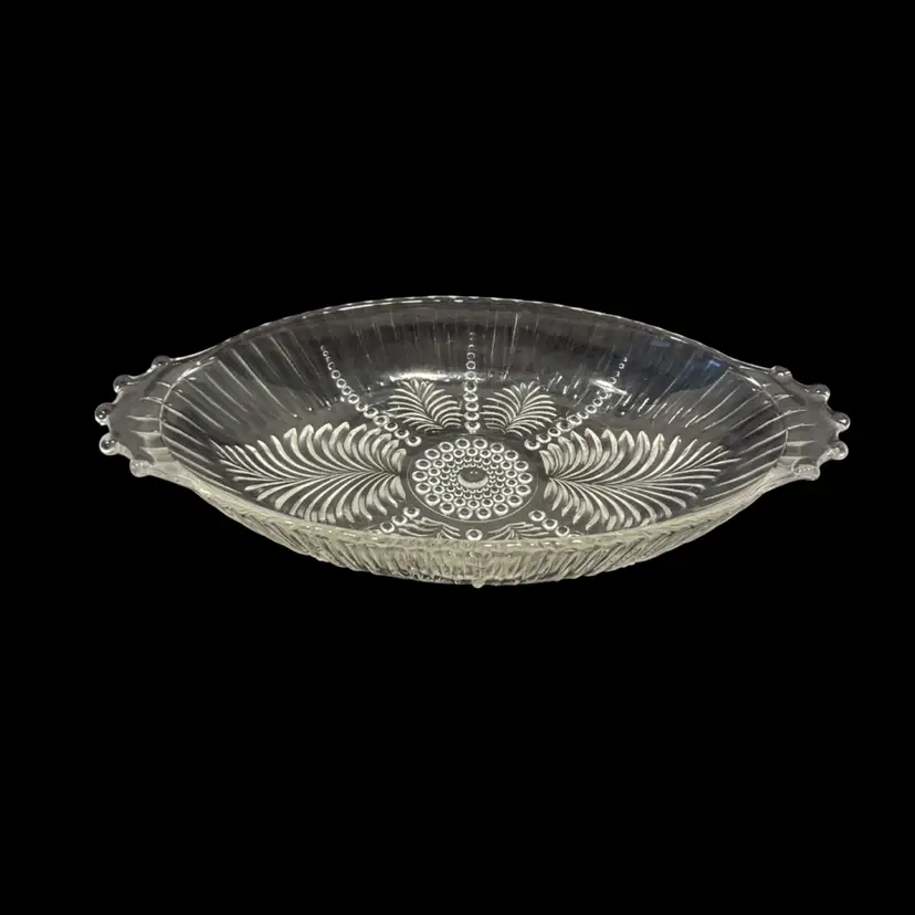Anchor Hocking Feather and Fern Pattern Relish Dish w Handles Clear Glass | 8”