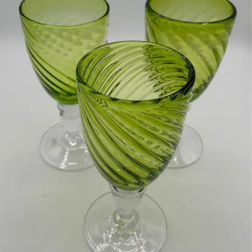 Set Of 3 Hand Blown Glass Chartreuse Green Swirl Goblets
