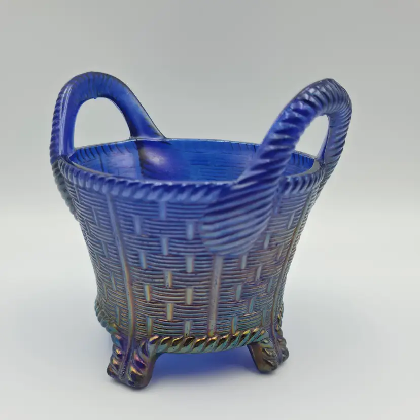 Northwood Blue Carnival Glass Rib Handled Bushel Basket