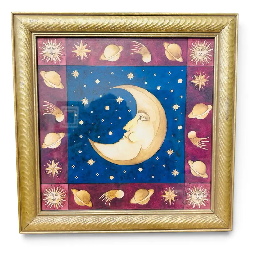 Rare Vintage 90s Mary Beth Zeitz Celestial Moon & Stars Framed Art 14.5 X 14.5"