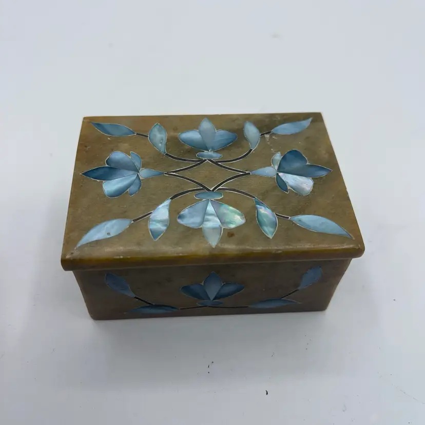 Stone  Mother Of Pearl Inlay Hand Carved Trinket Box 3x2x1” Handcrafted