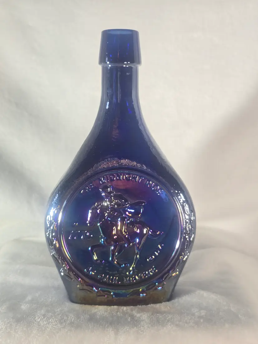 Vintage Wheaton Paul Revere Cobalt Blue Carnival Glass Commemorative Bottle