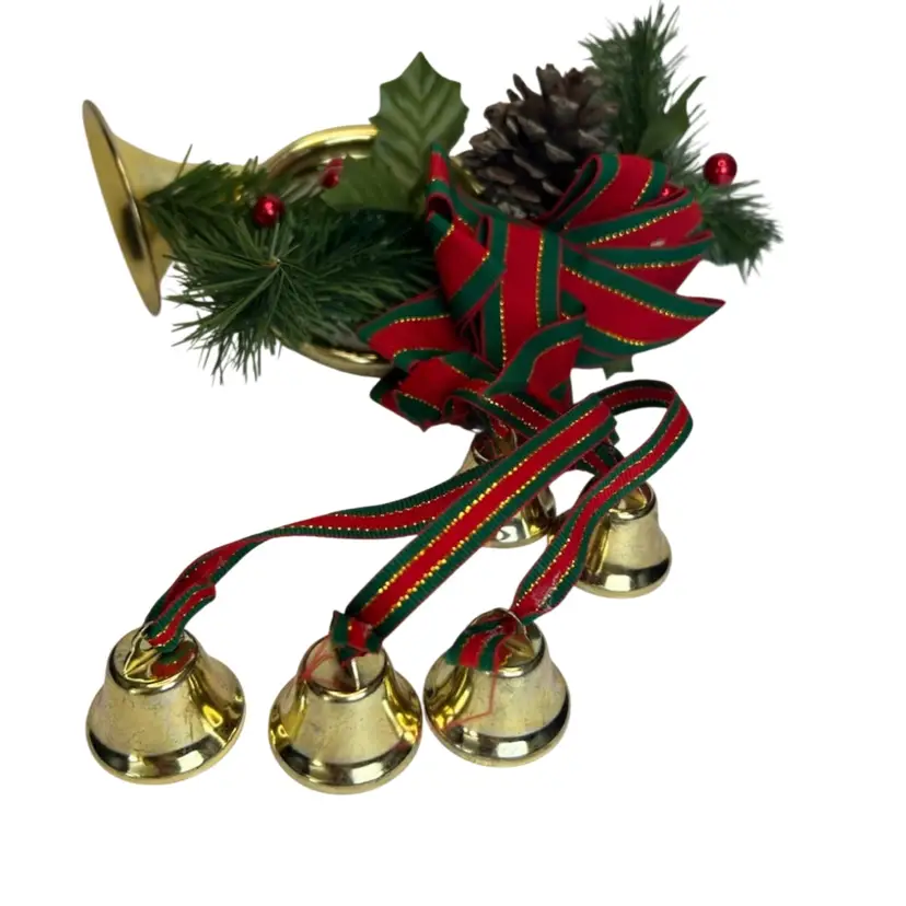 Gold Toned French Horn With Ribbon And Bells @9” Long