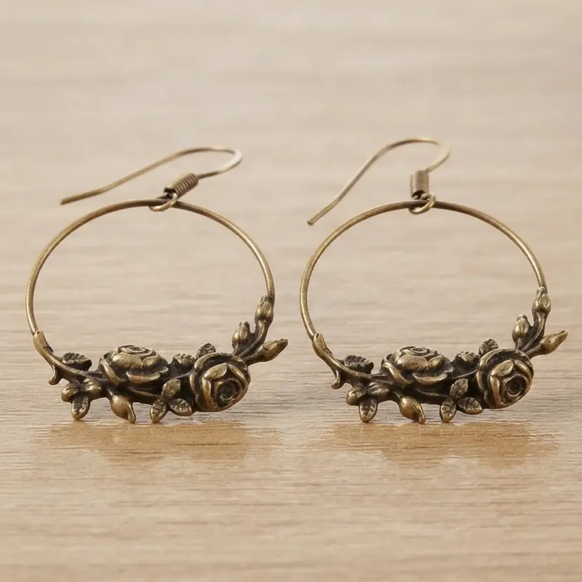 140. Vintage Antiqued Brass Floral Rose Cluster Hoop Earrings