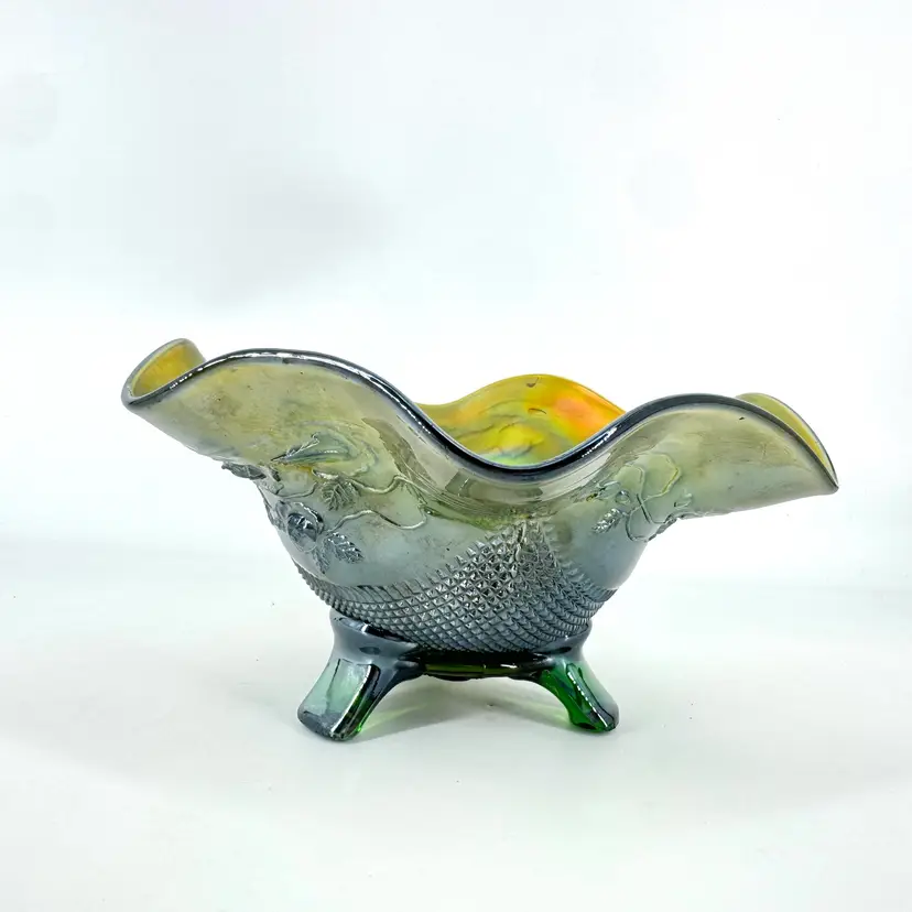 Northwood Fine Cut & Roses Green Carnival Glass Footed Bowl