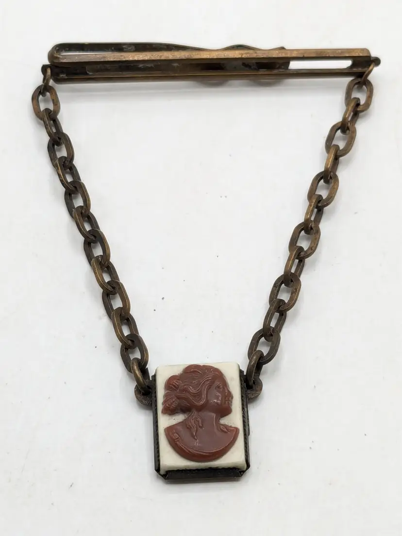 Vintage Cameo Tie Bar Chain Clasp Brass