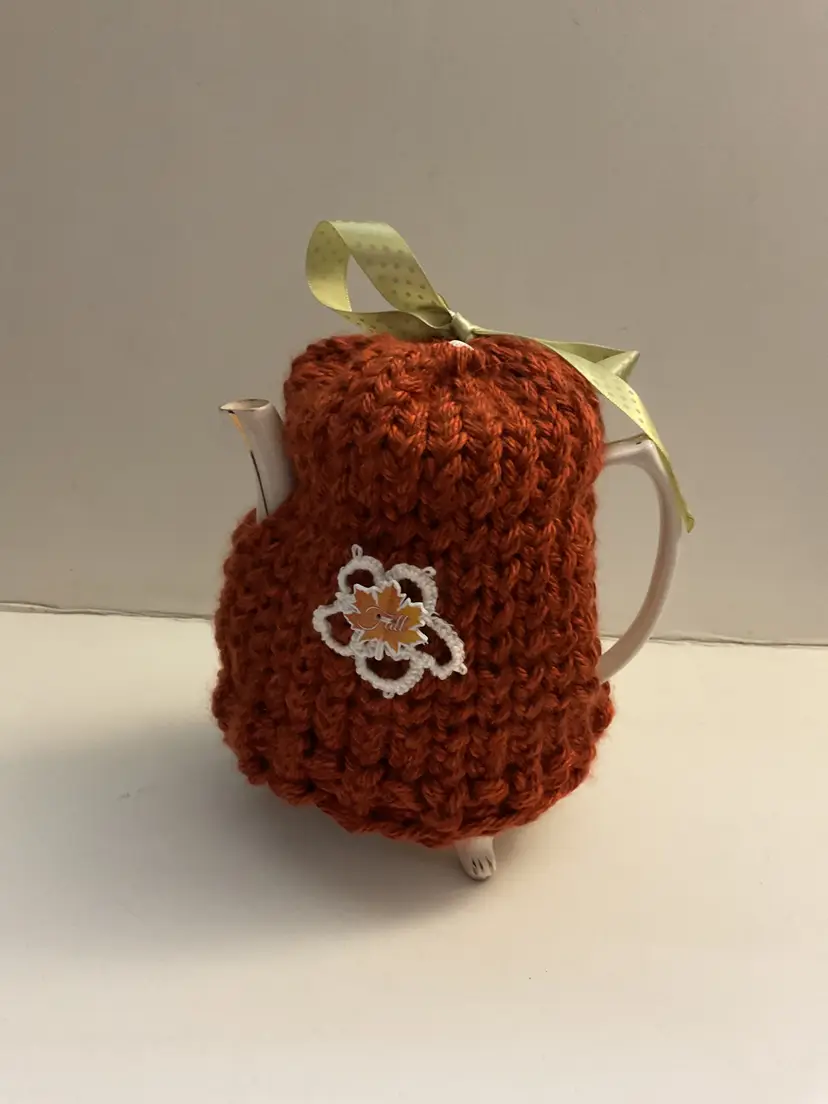 Small Knitted Teapot Cozy  With Pumpkin Button Made By Me
