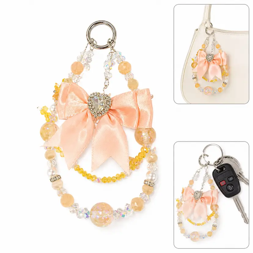 Peach Pink Bow Purse Bag Charm Keychain Handmade Gift