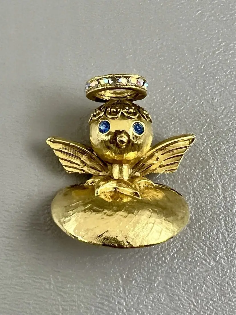 Vintage Tortolani Angel on My Shoulder Brooch Blue Rhinestone Eyes Signed