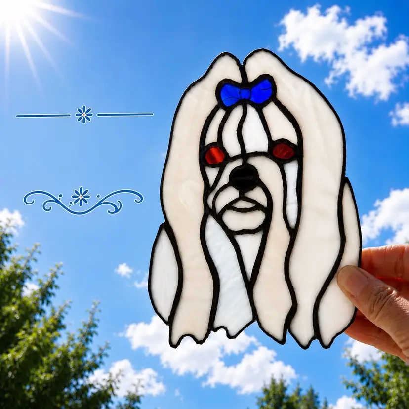ONLY $4.74  Vintage Stained Glass Shih Tzu Suncatcher White Dog Window Hanging Handmade 6.25”