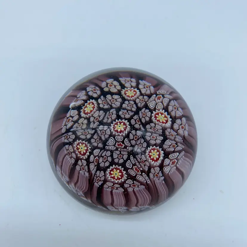 #0016 Vintage Murano millefiori art glass paperweight with pink latticinio base.