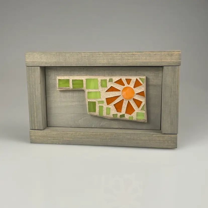 Artist Lea Carson Sunny Oklahoma Mosaic Signed Wood Wall Decor Plaque READ 5.75x3.5"