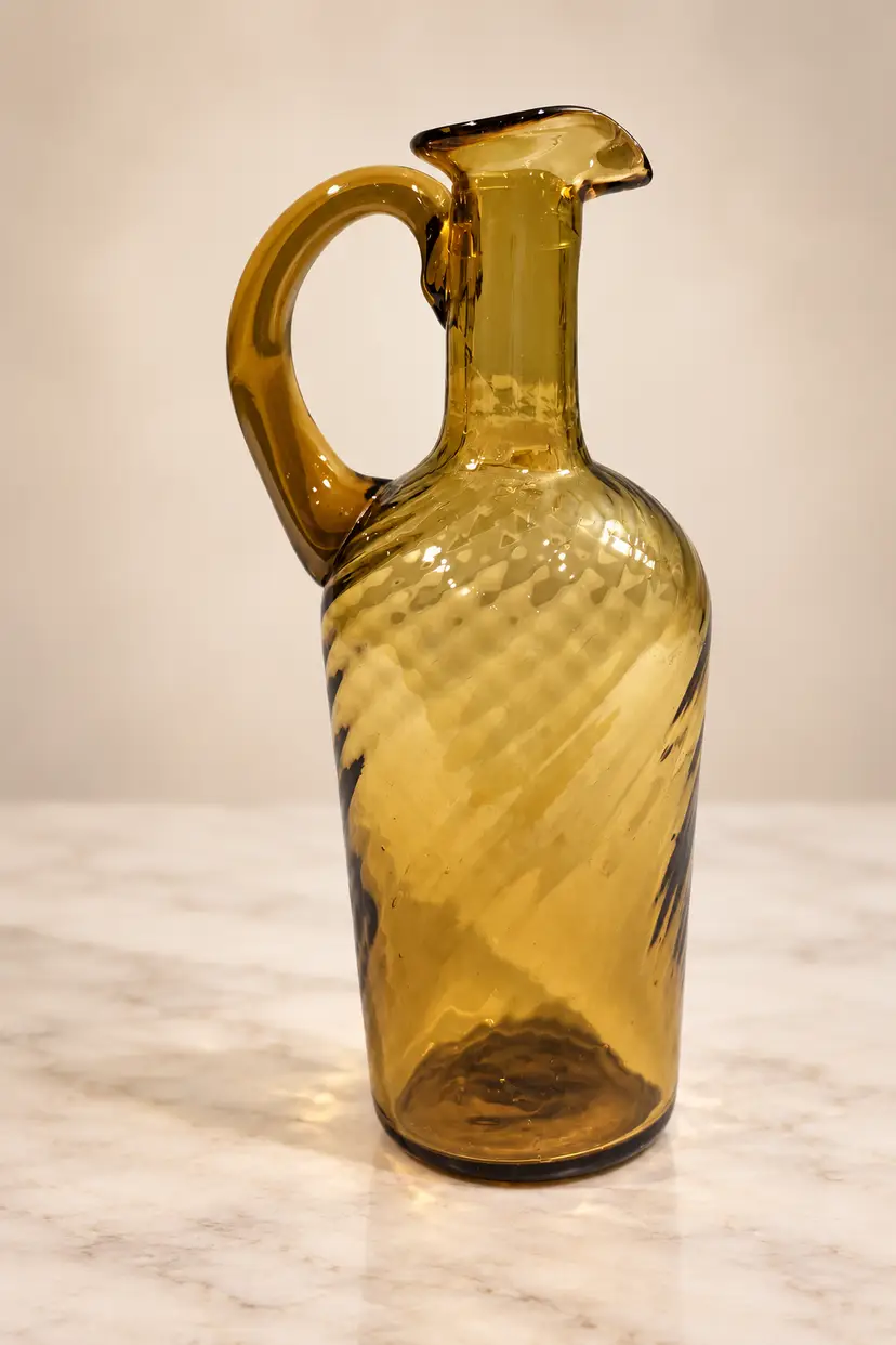 Vintage 1970s amber hand blown glass pontil mid century decor.ewer/pitcher swirl art glass applied handle