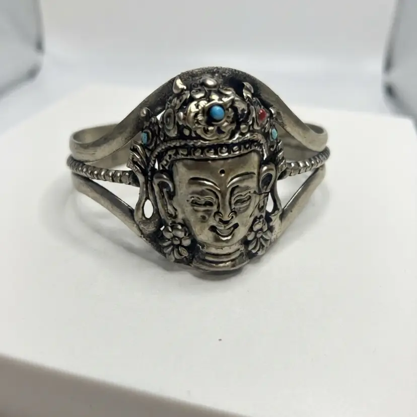 152. Vintage Tibetan Silver Tone Deity Face Cuff Bracelet with Turquoise Accents