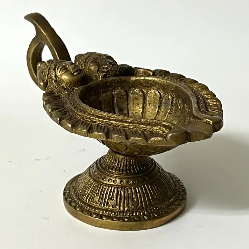 Solid Brass Carved Oil Lamp W/Handle Hinduism Ganesha Lakshmi Diya 2.5 in