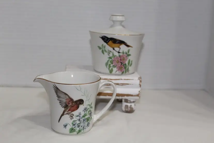 Pontesa White Base Bird Creamer & Sugar Set with Gold Trim made in Spain 3 Pc