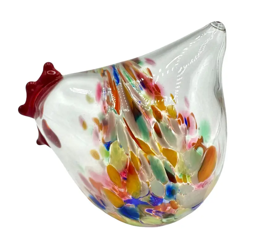 Reinhard Herzog Germany Blown Glass Chicken Rooster Bird Figurine Rainbow Clear