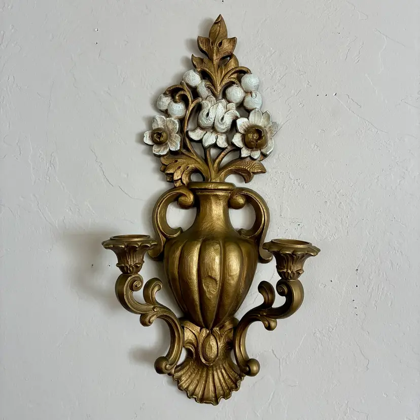 🐇Vintage 1965 Homco French Rococo Style Ornate Gold Floral Double Arm Candle Sconce