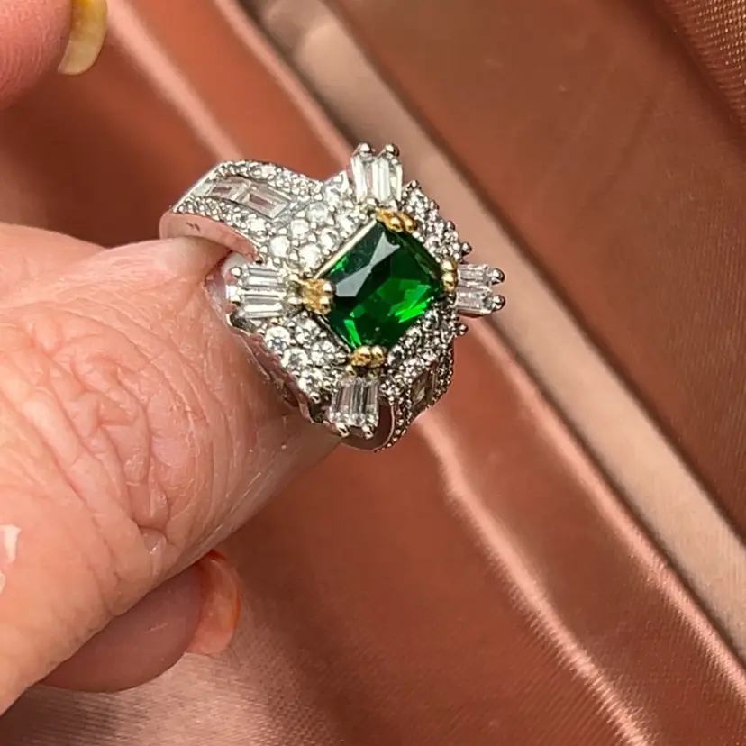 S925 Rhodium Sterling Silver Green CZ Halo Cocktail Ring Size 6   B#51