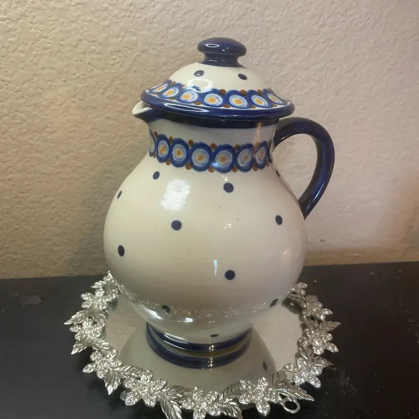 VTG KL Hand Painted 8” Stoneware Lidded Pitcher crafted in Germany w/  folk-art polka dot Pattern resembling traditional Polish pottery styles