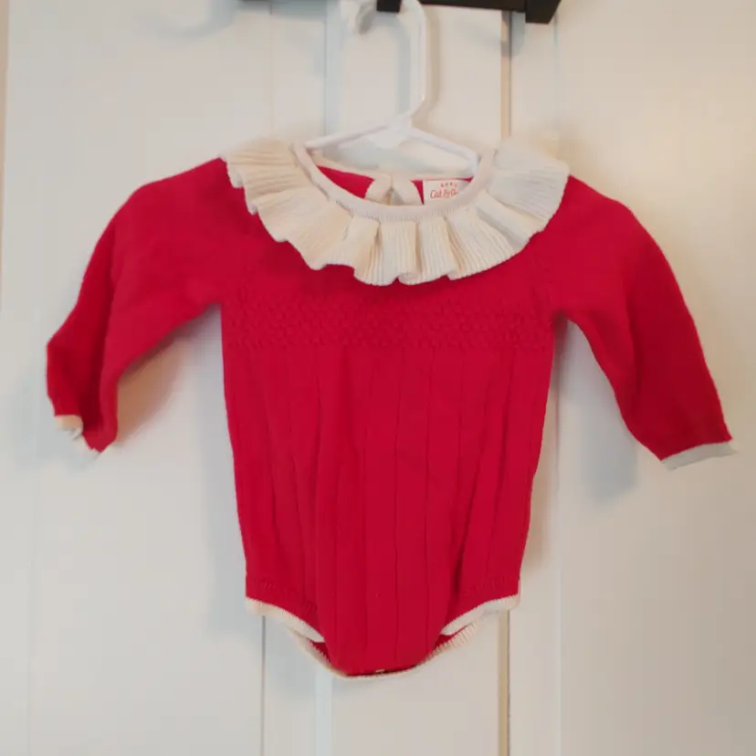 Kids- Brand: Baby Cat & Jack. Size Newborn. Red onesie with collar. Material- 100% cotton. No callouts.