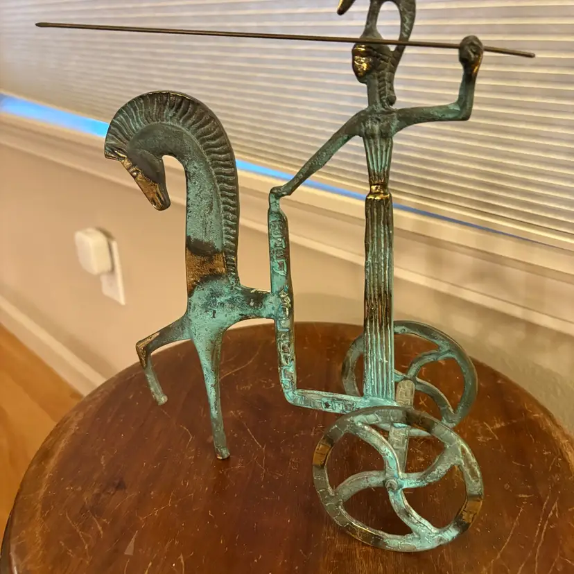 Vtg Bronze Athena Chariot Figurine Greek Goddess Horse Spear Etruscan MCM