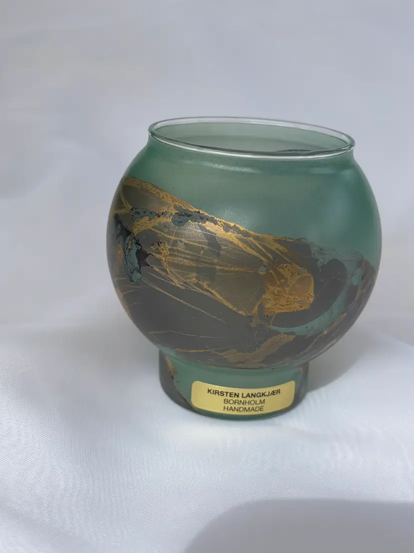 Danish artist Kirsten Langkjaer Green Glass Votive, Signed