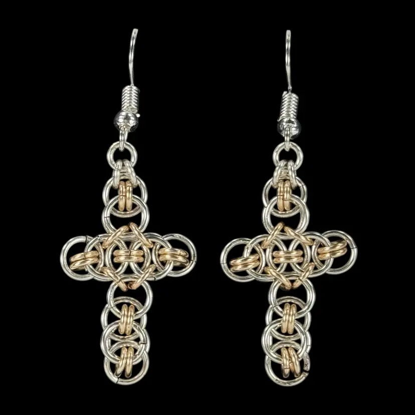 Mark ~ Avante Jewelry Chainmaille CELTIC Cross Pierced Earrings Silver Gold Plated
