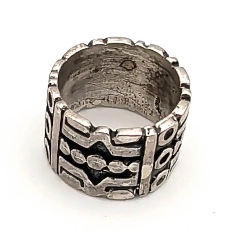 925 Sterling Silver Aztec Tribal Design Cigar Band Ring Size 5 Tested & Marked