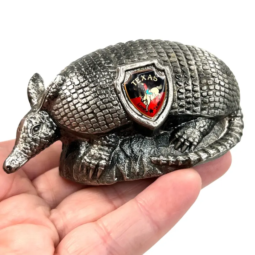 Texas Lone State Armadillo Figurine- Souvenir Pewter-Tone Metal Statue with Shield Emblem