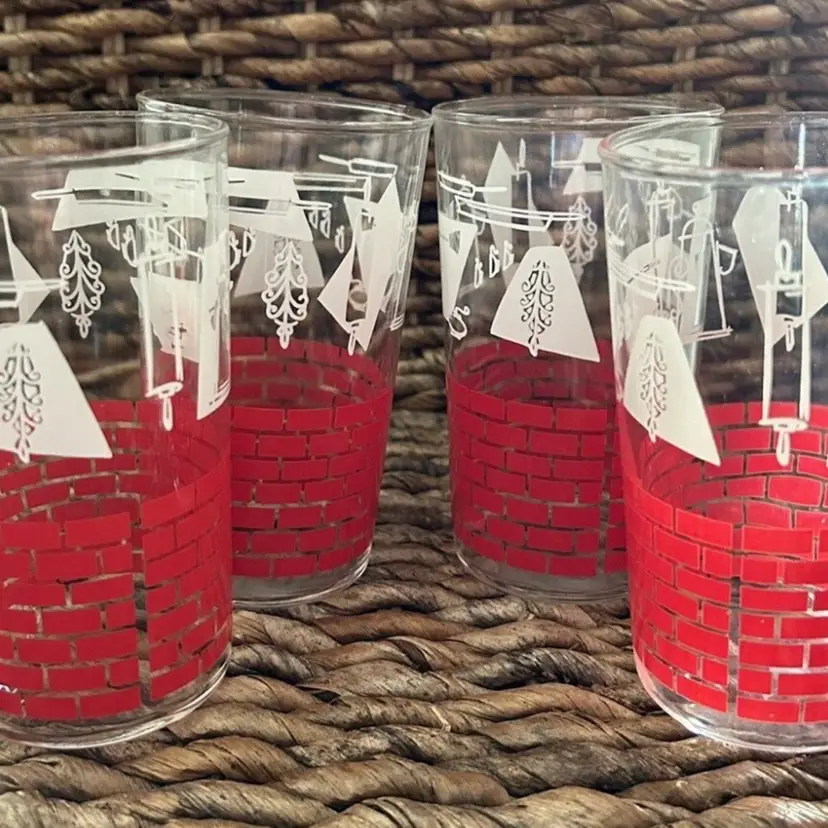 Set Of 4 Vintage Red Brick Kitchen Rolling Pin Mixing Bowl Kettle Drinking Glass