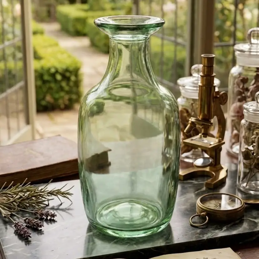 Vintage Green Glass Bourbon Decanter 8”