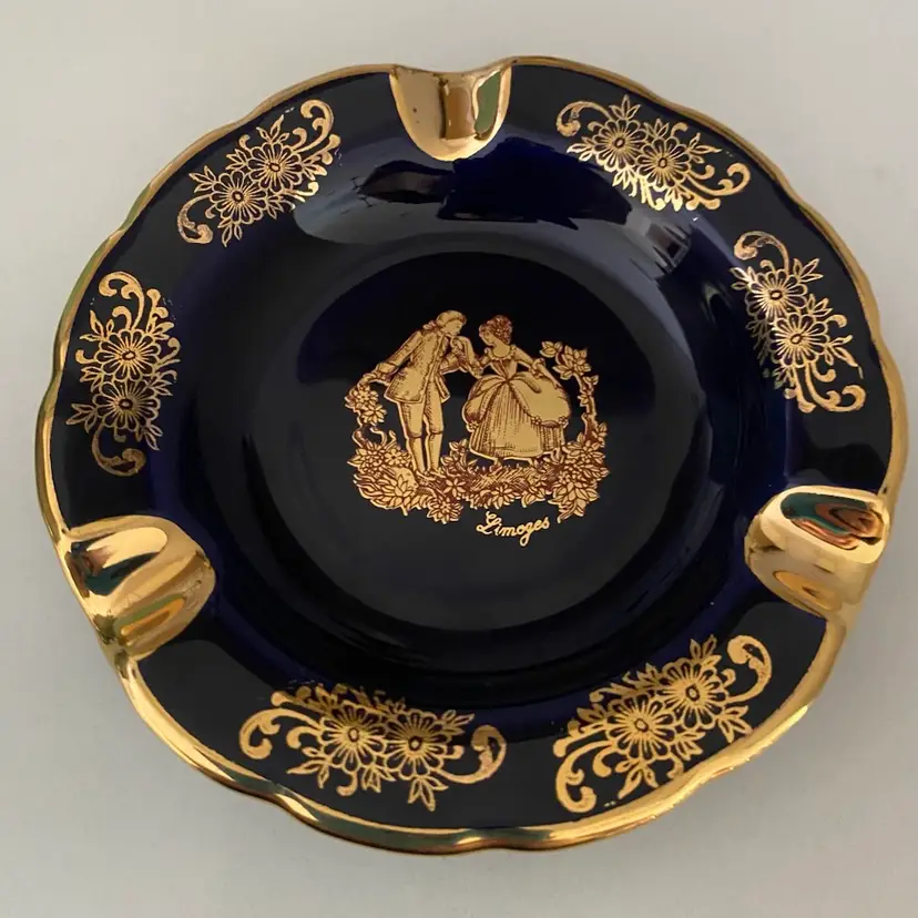 Limoges Courting Couple Cobalt Blue Ashtray With Gold Trim