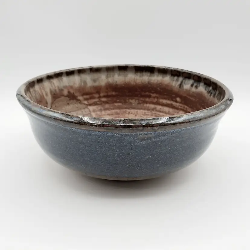 Large Rustic Primitive Glazed Art Pottery Bowl Blue & Brown Signed