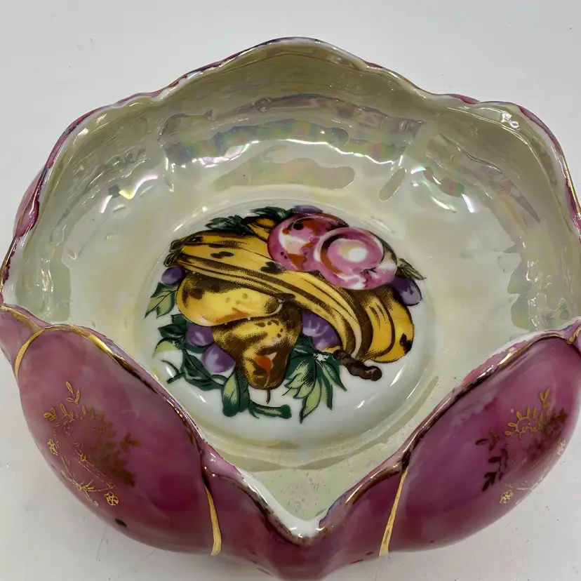 Hand Painted Fruit Medallion Scalloped Pink Iridescent Bowl