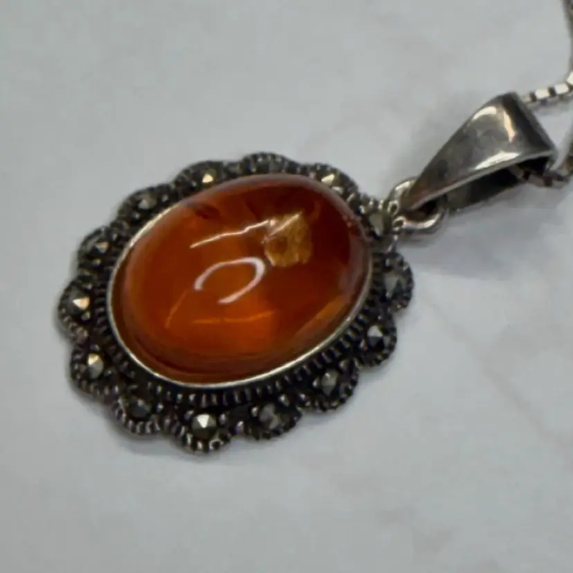 Amber marcasite & sterling necklace Vinatge