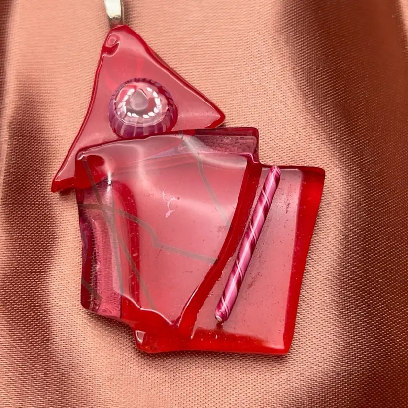 Vintage Artisan Fused Glass House Pendant Red Pink Abstract Art Glass Statement Pendant 2½”