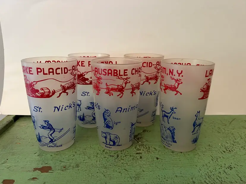Set of 5 Lake Placid & Ausable Chasm, NY Frosted Souvenir Cocktail Glass Santa Reindeer